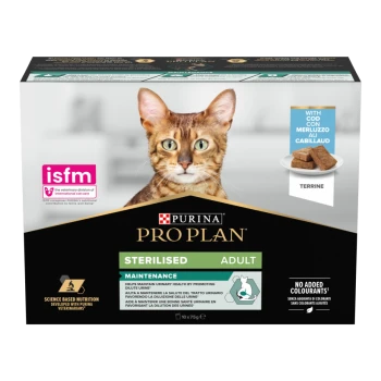 Verpackung von Purina Pro Plan Sterilised Adult Katzenfutter mit einer Bengalkatze, betont die Gesundheit der Harnwege und keine zugesetzten Farbstoffe.