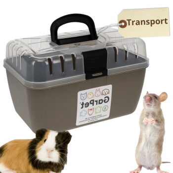 Kleine beige Transportbox mit schwarzem Griff und durchsichtigem Deckel mit der Aufschrift 'Transport', gezeigt mit einem Meerschweinchen und einer stehenden Maus.