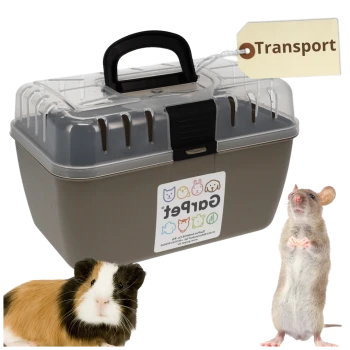 Kleine beige Transportbox mit schwarzem Griff und durchsichtigem Deckel mit der Aufschrift 'Transport', gezeigt mit einem Meerschweinchen und einer stehenden Maus.