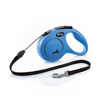 New Classic Rope Blue retractable dog leash with a black strap and silver clip, featuring a sleek ergonomic handle and a logo of a dog in motion.