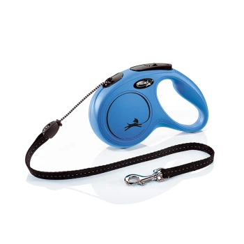 Blue retractable dog leash with a black strap and silver clip, featuring a sleek ergonomic handle and a logo of a dog in motion.