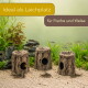 Drei hohle Stamm-Höhlen im Aquarium auf Sand mit Fischen und Pflanzen; sichtbarer Text 'Ideal als Laichplatz - für Fische und Welse'.