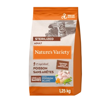 Sac de croquettes Nature's Variety pour chats adultes stérilisés — poisson désossé avec poisson blanc, céréales saines, 1,25 kg.