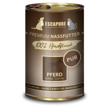 Nassfutter Pur Adult Pferd 6x400 g Dose mit Escapure Premium Nassfutter für Haustiere, beschriftet mit "100% Pferdefleisch" und einer Silhouette eines Pferdes, mit einem braunen Design.