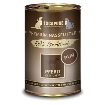 Dose mit Escapure Premium Nassfutter für Haustiere, beschriftet mit "100% Pferdefleisch" und einer Silhouette eines Pferdes, mit einem braunen Design.