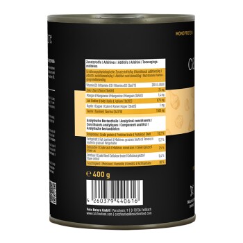 Dose Haustierfutter mit aufgelisteten Nährstoffzusätzen und analytischen Bestandteilen, 400g, Barcode und Kontaktinformationen von Pets Nature GmbH.