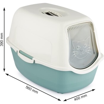 Katzenstreu-Box mit einem hellcremefarbenen Deckel und teal-farbenem Boden, mit einer transparenten Tür mit Katzenkopf-Design; Abmessungen: 560 mm x 400 mm x 390 mm.