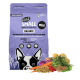 Lila Haustierfutterbeutel mit der Aufschrift "eat SMALL mini Insects for Pets BALANCE" mit einer Hundillustration, mit Gemüse wie Karotten und Kartoffeln.