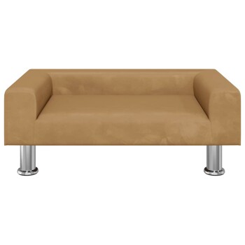 Beiges rechteckiges Haustier-Sofabett mit erhöhten Seiten und silbernen Metallbeinen vor weißem Hintergrund.