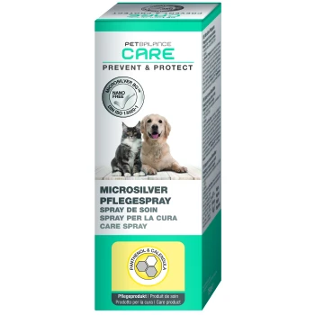 MicroSilver Pflegespray 75 ml PetBalance Care Spray für Haustiere, mit einem Golden Retriever und einer Katze auf der Vorderseite, mit dem Text "Mikrosilber Pflege Spray" und "Care Spray."
