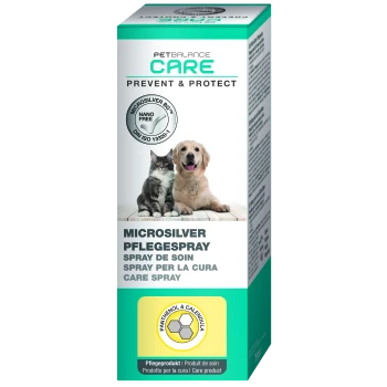 PetBalance Care spray for pets, featuring a golden retriever and a cat on the front, with "Microsilver Pflege Spray" and "Care Spray" text.