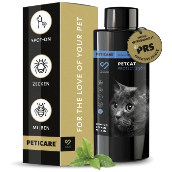 Schwarze Flasche von Petcare Petcat Protect 2961, mit dem Gesicht einer Katze, mit einem Etikett, das "Hohe Wirksamkeit" und "Effektive Pflege" angibt.