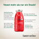 Rote SmoothieDog-'Rind'-Flasche Anzeige mit Überschrift 'Vieel mehr als nur ein Snack!', Etikett 'Der SNACK für jeden Hund', '100% natürlich'.