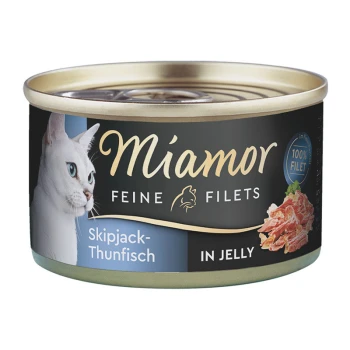 Miamor Katzenfutterdose mit einer weißen Katze, beschriftet 'Feine Filets Skipjack-Thunfisch in Jelly', mit '100% Filet' Text.