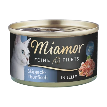 Miamor Katzenfutterdose mit einer weißen Katze, beschriftet 'Feine Filets Skipjack-Thunfisch in Jelly', mit '100% Filet' Text.