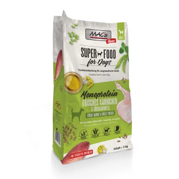 Dog Mono Adut Trockenfutter Kaninchen 3 kg Hundefutterbeutel mit der Aufschrift 'MAC's Super Food for Dogs', mit frischem Kaninchen und Süßkartoffel, mit Details zu Zutaten und Vorteilen.