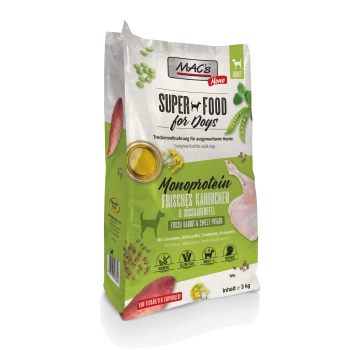 Hundefutterbeutel mit der Aufschrift 'MAC's Super Food for Dogs', mit frischem Kaninchen und Süßkartoffel, mit Details zu Zutaten und Vorteilen.