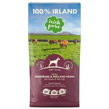 Hundefuttertüte mit der Aufschrift "100% Irland", die die Marke "Irish Pure" zeigt, mit Bildern von Kühen auf einer grünen Wiese, die "Erwachsene - Sensibilität" und Zutaten angibt.