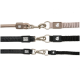 Drei Hundeleinen (beige, zwei schwarz) mit Metallverschlüssen, Bungee-Abschnitten und 'Max & Molly'-Logopatches.