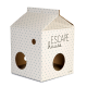 Ein weißes Papphaustier mit blauen Punkten, mit zwei runden Öffnungen und dem Text "ESCAPE house" auf der Vorderseite.