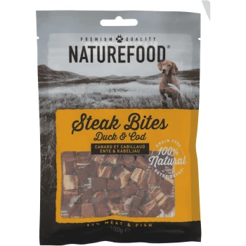 Naturefood Steak Bites für Hunde, mit Ente & Kabeljau, getreidefrei, 100% natürlich, 93% Fleisch & Fisch, 100g-Packung.