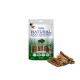 Verpackung von Natural Dog Chews Buffalo Bully Sticks mit einem klaren Fenster, beschriftet mit '100% Lecker' und 'Premium Hundefutter.'