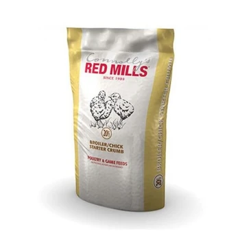 A bag of Connolly's Red Mills Broiler/Chick Starter Crumb, featuring illustrations of chicks, labeled for poultry and game feeds.