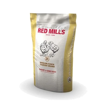 A bag of Connolly's Red Mills Broiler/Chick Starter Crumb, featuring illustrations of chicks, labeled for poultry and game feeds.