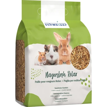 Sac de literie "Nagerstroh Relax" pour petits animaux, montrant un cochon d'Inde, un lapin et un hamster, soulignant le confort naturel et l'écologie.