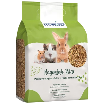Sac de literie "Nagerstroh Relax" pour petits animaux, montrant un cochon d'Inde, un lapin et un hamster, soulignant le confort naturel et l'écologie.