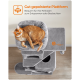 Eine entspannte orangefarbene Katze mit Brille liegt auf einem plüschigen grauen Katzenbaum, mit einer gemütlichen Plattform und einem verspielten Garn-Design.