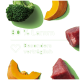 Brokkoli, Kürbisscheiben und Lammfleischstücke auf grünem Hintergrund mit Text „80% Lamm Besonders verträglich“ und einem Herzsymbol.