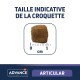 Image d'une croquette pour animaux avec une règle indiquant sa taille, étiquetée "TAILLE INDICATIVE DE LA CROQUETTE" et "ARTICULAR" en bas.