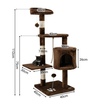 Katzenbaum mit mehreren Ebenen, Kratzpfosten und einem gemütlichen Versteck; Abmessungen: 112 cm Höhe, 40 cm Basis, mit einem verspielten Kätzchen.