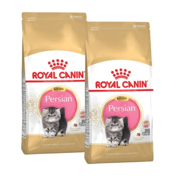 Deux sacs de nourriture pour chatons Royal Canin Persian, présentant un mignon chaton persan à l'avant, étiquetés "Kitten" et "Persian."