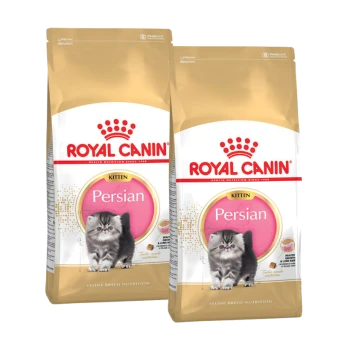 Zwei Beutel Royal Canin Persian Kittenfutter, mit einem süßen Perserkätzchen auf der Vorderseite, beschriftet "Kitten" und "Persian."