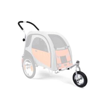 Haustierwagen mit einem grauen und orangefarbenen Design, mit einem Netzdach, einem hinteren Eingang und einem einzelnen Vorderrad für einfache Manövrierbarkeit.