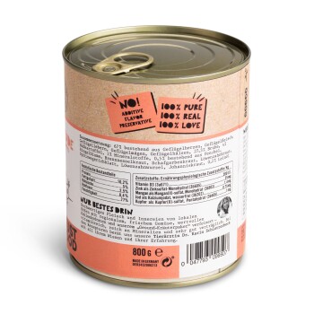 Eine Dose Haustierfutter mit einem beige-rosa Etikett, das "100% PURE, 100% REAL, 100% LOVE" und "KEINE ZUSATZSTOFFE" angibt. Enthält 800g.