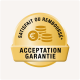 Badge doré avec le texte "SATISFAIT OU REMBOURSE*" et "ACCEPTATION GARANTIE," avec un graphique de pièces en euro.