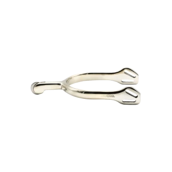 Ein glänzender Metallsporn mit glattem Design, mit zwei Zinken und eingraviert mit dem Markennamen "BALKENHOL."