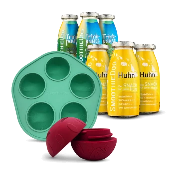 Flaschen mit SmoothieDog Haustiergetränken mit der Aufschrift "Huhn" und "Trinkpause", eine grüne Silikonform und ein roter Leckerli-Spender mit Ball.