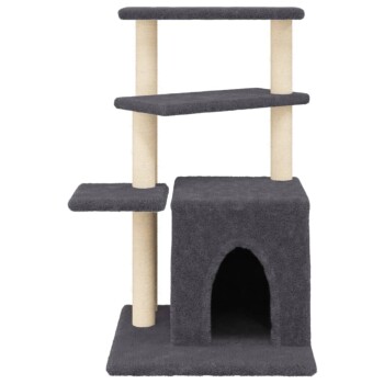Grau Katzenbaum mit drei Plattformen, einem gemütlichen Versteck und mit Sisal umwickelten Pfosten zum Kratzen. Ideal für das Spielen und Ausruhen von Katzen.