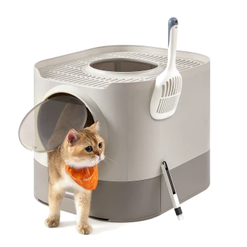 Eine hellfarbige Katze mit einem orangefarbenen Halstuch, die aus einer modernen, stilvollen Katzentoilette mit transparentem Tür und angehängtem Schaufel herauskommt.