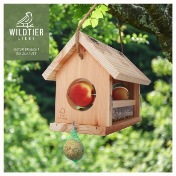 Holz-Vogelfutterspender in Form eines Hauses, mit Apfelöffnungen, einem Saatenfach und einer hängenden Fettkugel, vor einer grünen Kulisse.