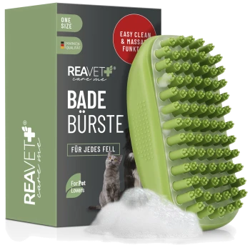 Grüne Haustierbadebürste mit massierenden Borsten, verpackt in einer Box mit der Aufschrift "BADE BÜRSTE" für alle Felltypen, mit Katzen und Hunden.