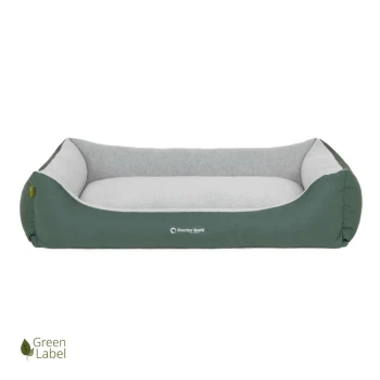 Grünes und graues Haustierbett von Doctor Bark mit weichem Innenraum und erhöhten Kanten, mit einem Green Label-Logo.