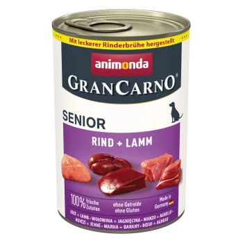 GranCarno Original Nassfutter Hund Senior, Rind und Lamm 6x400 g Dose Hundefutter mit der Aufschrift "GranCarno Senior" von Animonda, mit Rind- und Lammzutaten, mit einem Hinweis auf glutenfrei.