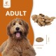Ein flauschiger brauner Hund sitzt glücklich mit herausgestreckter Zunge neben einem Haufen Hundefutterkibble, das mit "ADULT" beschriftet ist und die Maße 14 mm x 5 mm hat.