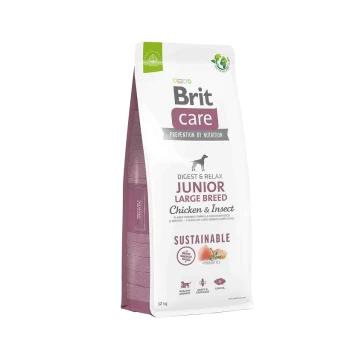 Beutel Brit Care Junior Large Breed Hundefutter, 12 kg, mit Huhn und Insektenzutaten, mit den Aufschriften 'Digest & Relax' und 'Nachhaltig.'