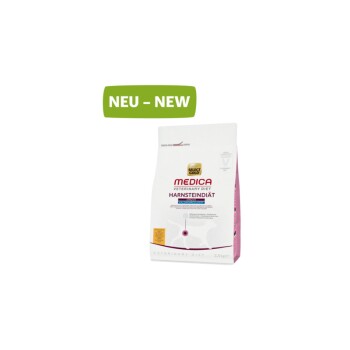 Eine Tüte Select Gold Medica Veterinary Diet Harnsteindiät, 2,5 kg, mit der Aufschrift 'NEU - NEW' in grüner Schrift, die für die Gesundheit von Haustieren entwickelt wurde.